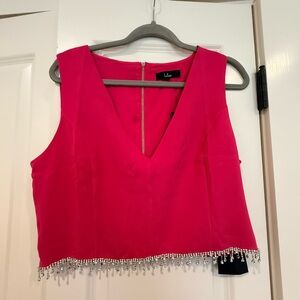 Lulu's Hot Pink V‑Neck Beaded Crop Top